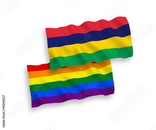 Flags of Rainbow gay pride and Republic of Mauritius on a white background
