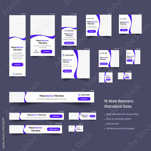 set of web banners of standard sizes with purple elements and a place for photos.