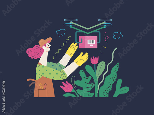 Discounts, sale, promotion - delivery - modern outlined flat vector concept illustration of a woman doing gardening job, wearing apron and gloves, receiving an online order shipped with a drone