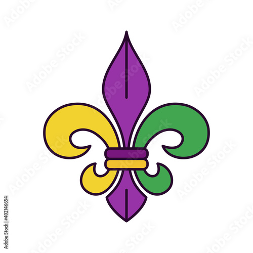 Web icon of fleur de lis, geraldic french lily in traditional purple, green and yellow palette. Symbol of Mardi Gras or Fat Tuesday - vector pictogram