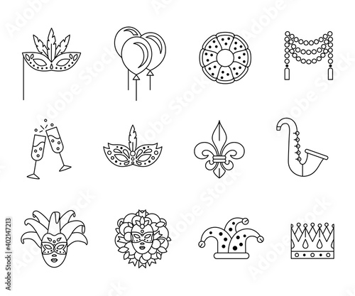 Mardi Gras, christian event with masquerade - Set of outline icons. Tradition Symbols of Fat Tuesday. Venetian masks, beads garland, The King Cake. For greeting card, invitation, banner, app
