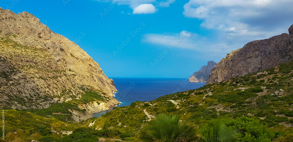 Hidden beach between Cliffs in Palma Mallorca, Cala Bóquer, near Port de Pollensa