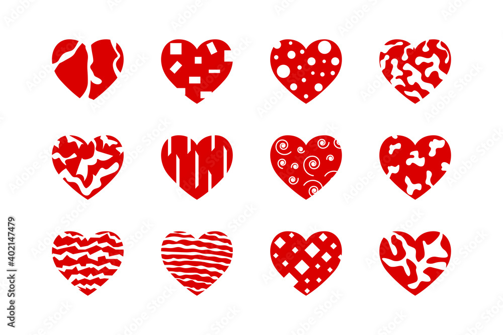 A set of red hearts drawn in different styles. Good collection for any project.