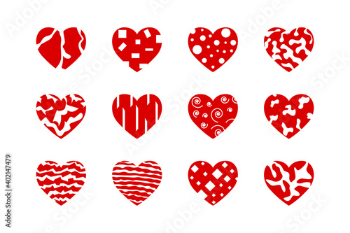 A set of red hearts drawn in different styles. Good collection for any project.