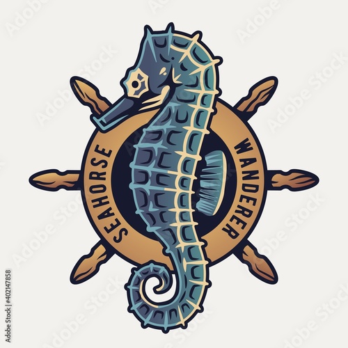 Marine seahorse and helm wheel logo. Nautical wanderlust and adventure illustration. Ocean explorer