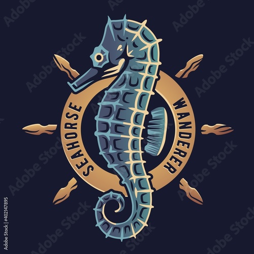 Marine seahorse and helm wheel logo. Nautical wanderlust and adventure illustration. Ocean explorer