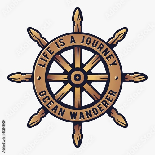 Marine old helm and vintage wheel at the sea. Nautical wanderlust and adventure illustration. Ocean explorer