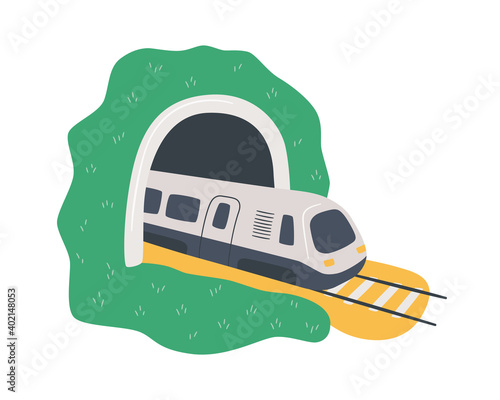 High-speed train in the tunnel. Travelling by rail road. Hand drawn cartoon vector illustration on white background