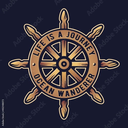 Marine old helm and vintage wheel at the sea. Nautical wanderlust and adventure illustration. Ocean explorer
