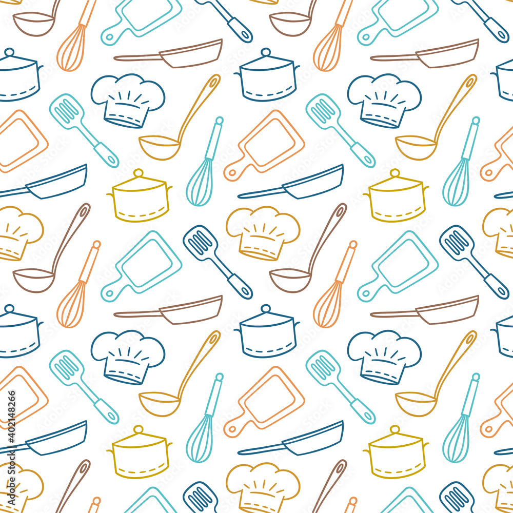 Hand drawn seamless pattern on the theme of chef, kitchen and cook. Vector illustration in doodle style on white background