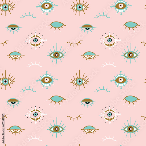 Evil eye pastel vector isolated doodle seamless pattern. Magic, witchcraft, occult symbol, clip art line art collection. Hamsa eye, magical eye, decor element. Pink, green, golden eyes. Fabric textile