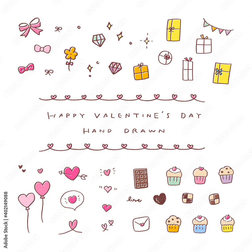手描き バレンタイン リボン チョコ ハート 俯瞰 イラスト アイコン セット Vector De Stock Adobe Stock