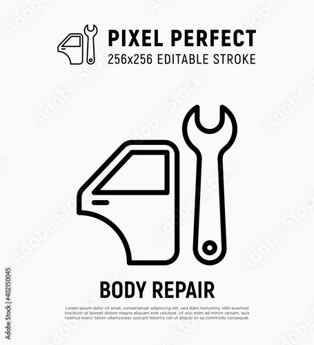 Car service: auto body repair thin line icon. Car door and wrench. Pixel perfect, editable stroke. Vector illustration.