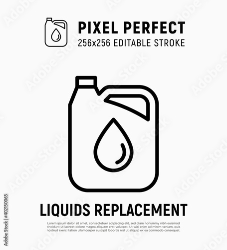 Car service: oil replacement, oil canister thin line icon. Pixel perfect, editable stroke. Modern vector illustration.