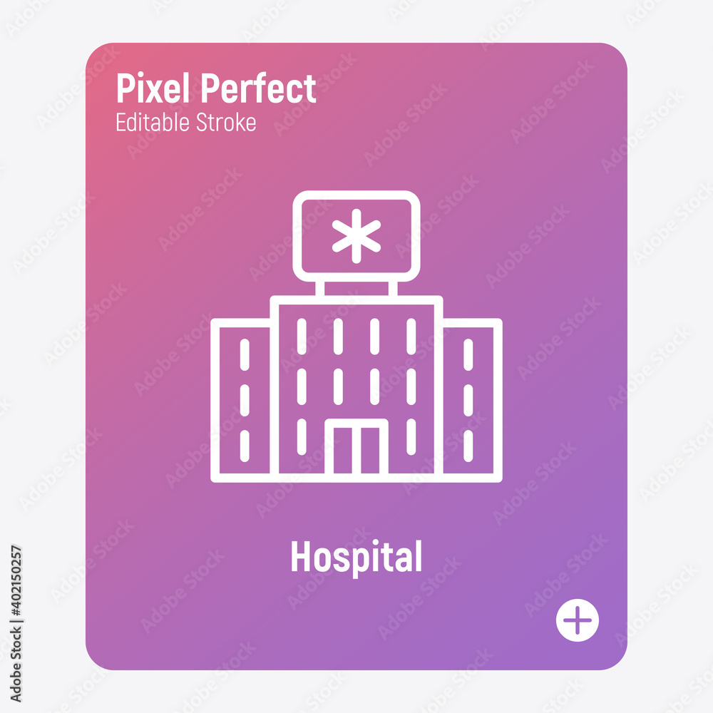 Hospital building thin line icon. Nursing house, geriatrics. Pixel perfect, editable stroke. Vector illutration. Hospital building thin line icon. Nursing house, geriatrics. Pixel perfect, editable stroke. Vector illutration.