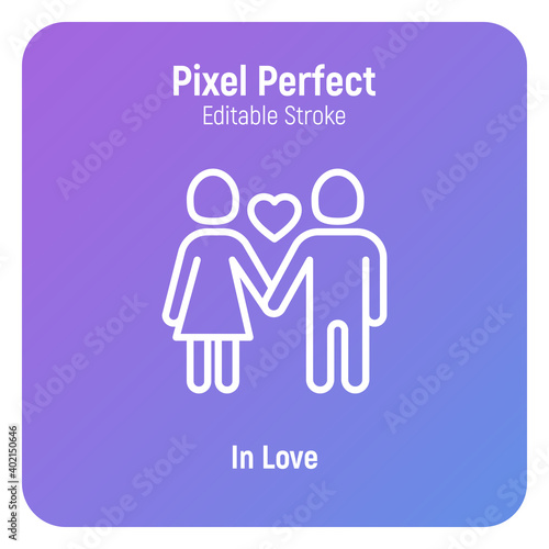 Valentine day  couple in love  girl and boy are holding hands and heart between them. Thin line icon. Pixel perfect  editable stroke. Vector illustration.