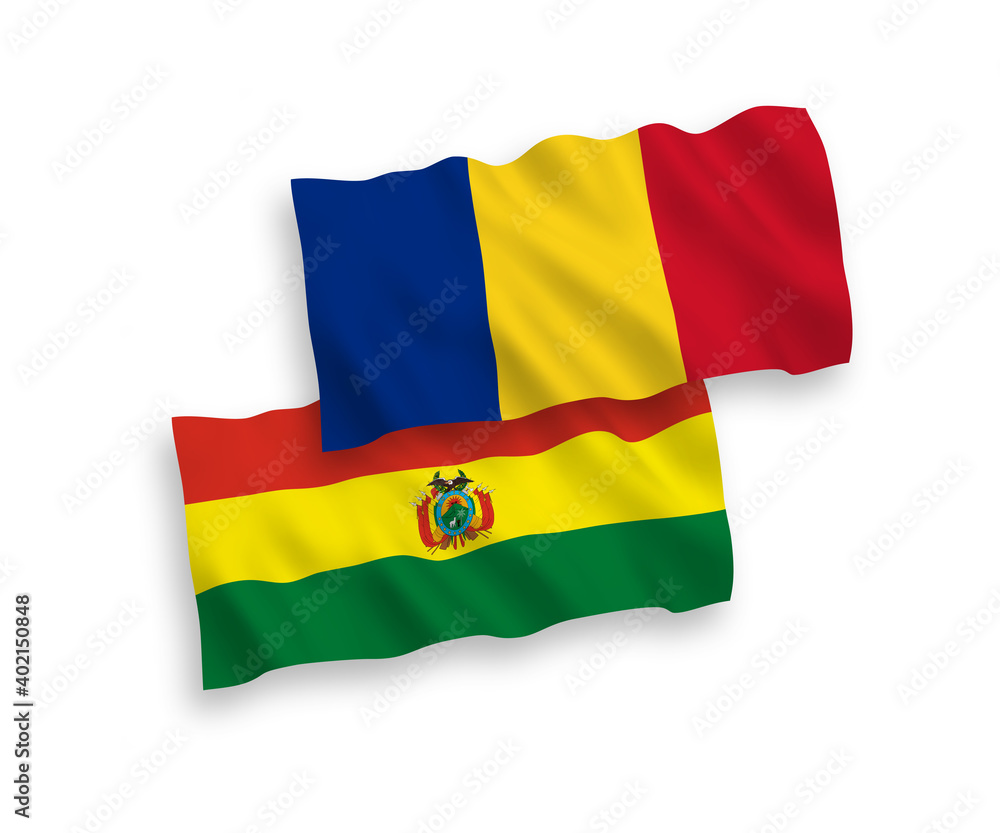National vector fabric wave flags of Romania and Bolivia isolated on white background. 1 to 2 proportion. National vector fabric wave flags of Romania and Bolivia isolated on white background. 1 to 2 proportion.