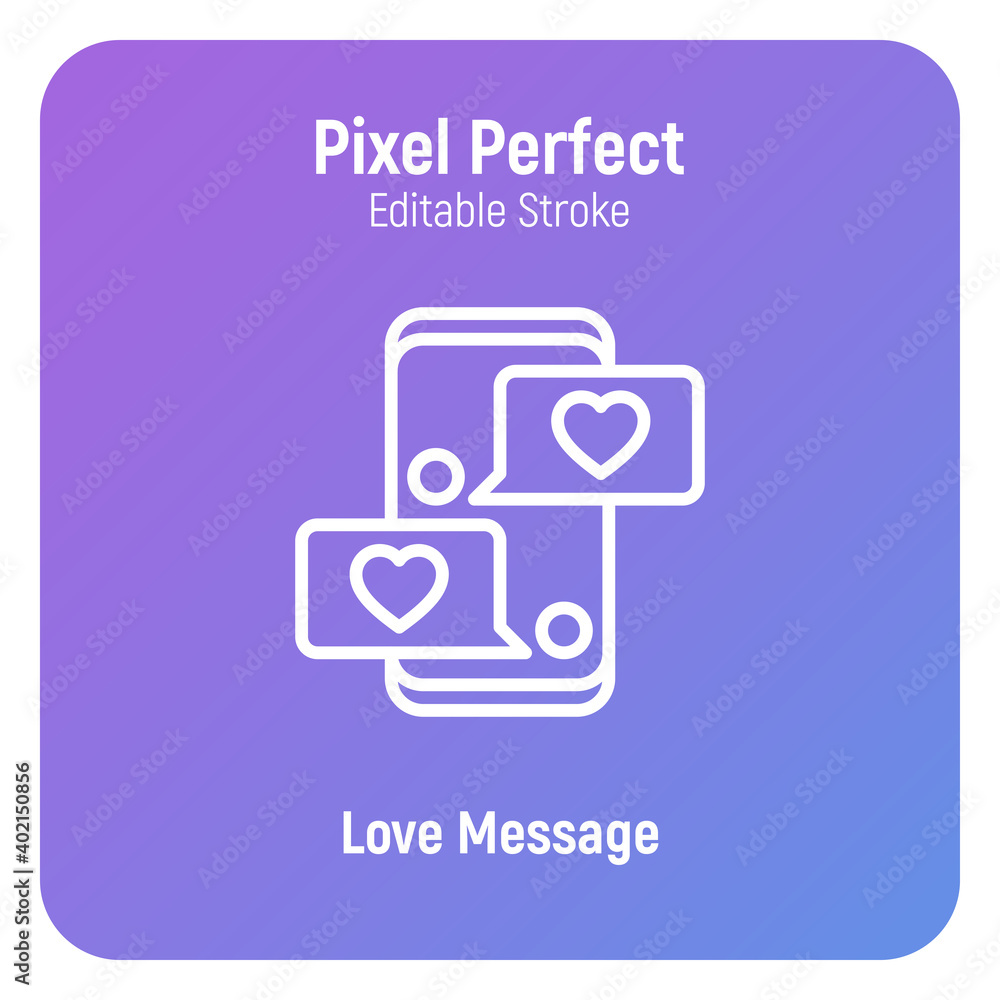 Love chat messages on smartphone: speech bubbles with hearts in Valentine's day. Pixel perfect, editable stroke. Vector illustration. Love chat messages on smartphone: speech bubbles with hearts in Valentine's day. Pixel perfect, editable stroke. Vector illustration.