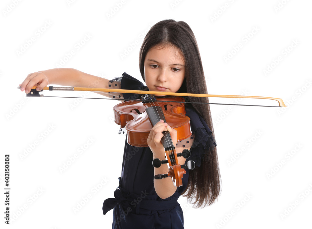 Preteen girl playing violin on white background Preteen girl playing violin on white background