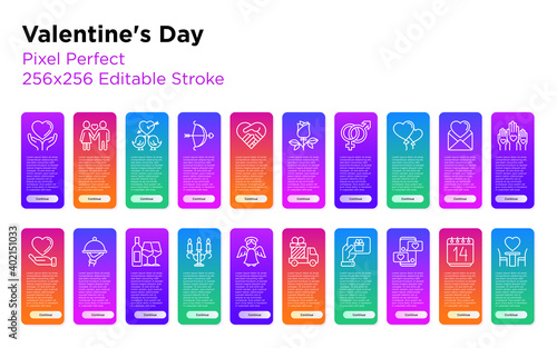 Valentine's day thin line icons set: gift delivery, couple in love, romantic evening, cupid bow, balloons, envelope, gift card, love message. Pixel perfect, editable stroke. Vector illustration.