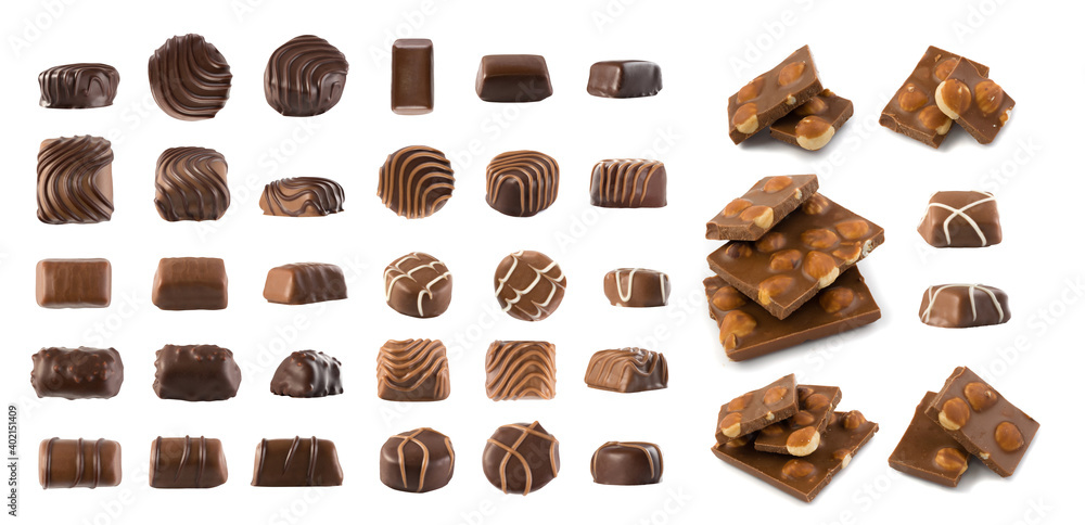 Set of Chocolates Isolated, Chocolate Candies Top View