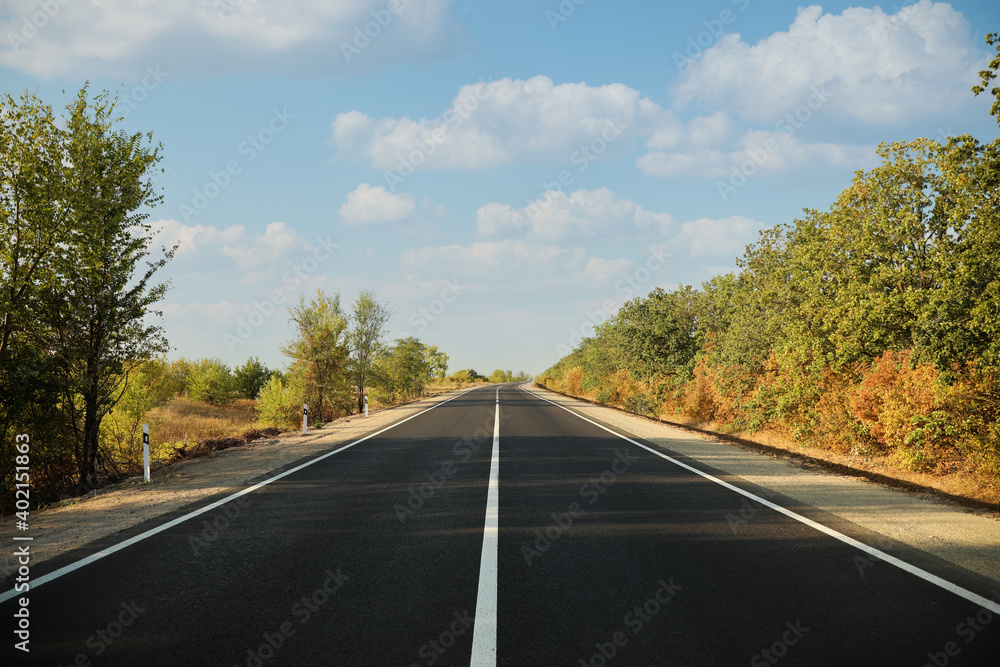Beautiful view of empty asphalt highway. Road trip