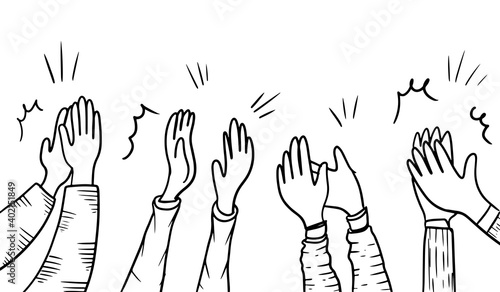 Hand Drawn sketch style of applause, thumbs up gesture. Human hands clapping ovation. on doodle style, vector illustration.