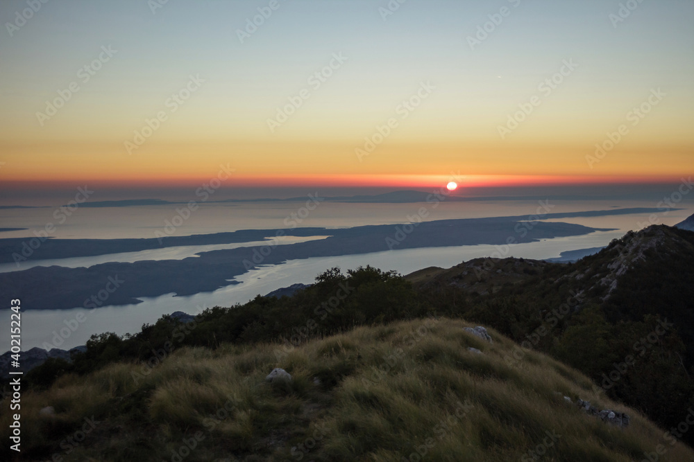 Sunset from the top of mountains in Velebit national park.