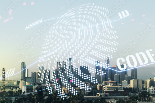 Abstract virtual fingerprint illustration on Los Angeles cityscape background, personal biometric data concept. Multiexposure