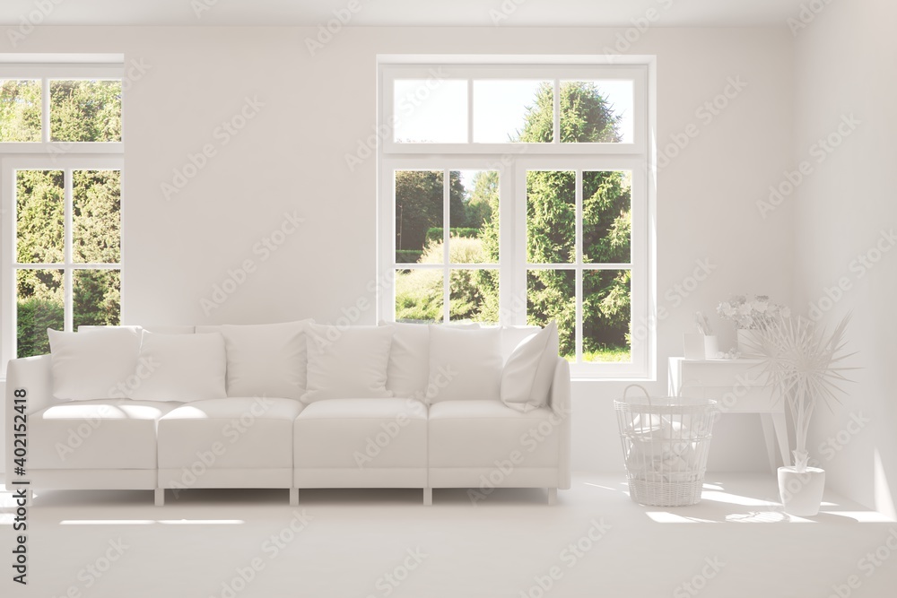 White living room with sofa and summer landscape in window. Scandinavian interior design. 3D illustration White living room with sofa and summer landscape in window. Scandinavian interior design. 3D illustration