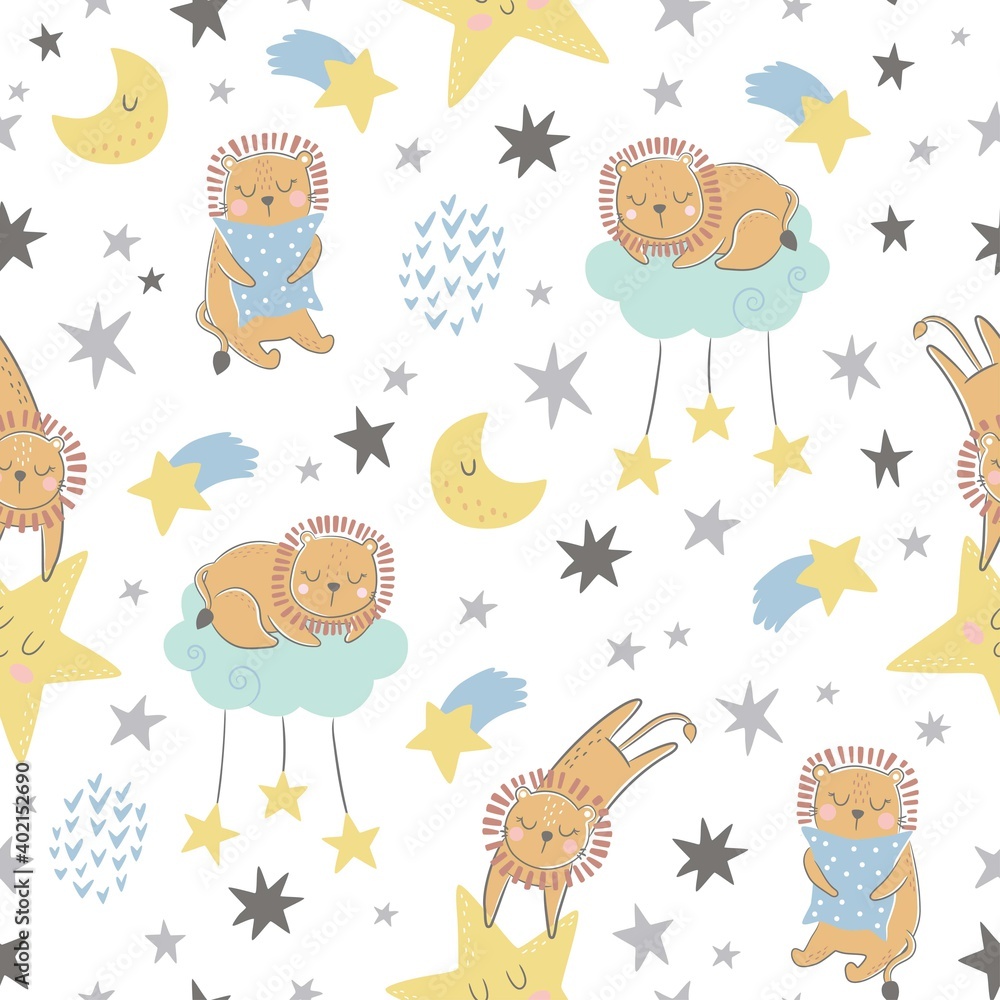 Fototapeta Seamless vector childish pattern with cute lions, clouds, moon, stars. Creative scandinavian style kids texture for fabric, wrapping, textile, wallpaper, apparel.