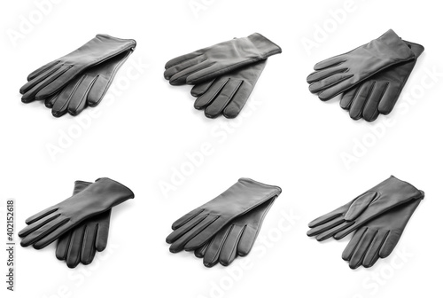 Set of leather gloves on white background