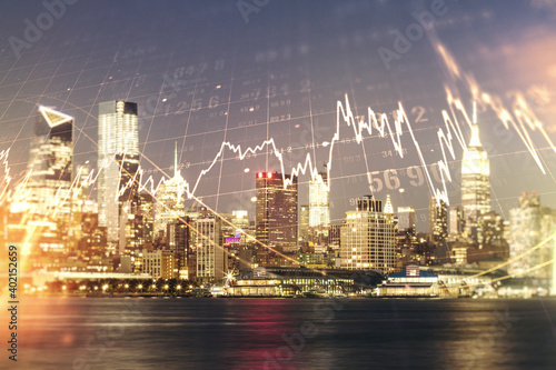 Multi exposure of virtual abstract financial graph interface on Manhattan cityscape background, financial and trading concept