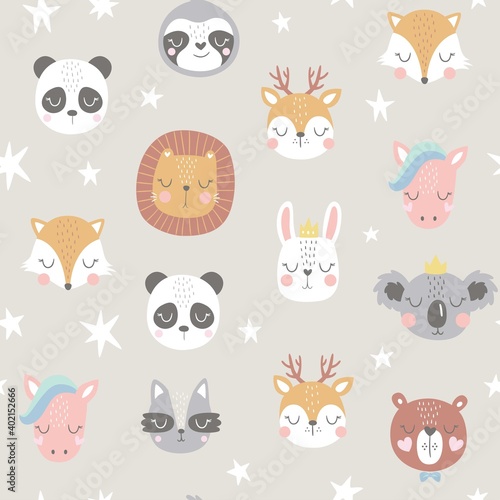 Seamless childish pattern with funny animals faces . Creative scandinavian kids texture for fabric  wrapping  textile  wallpaper  apparel. Vector illustration 