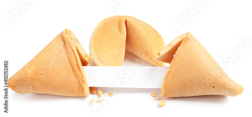 Fotografi Traditional fortune cookies with prediction on white background