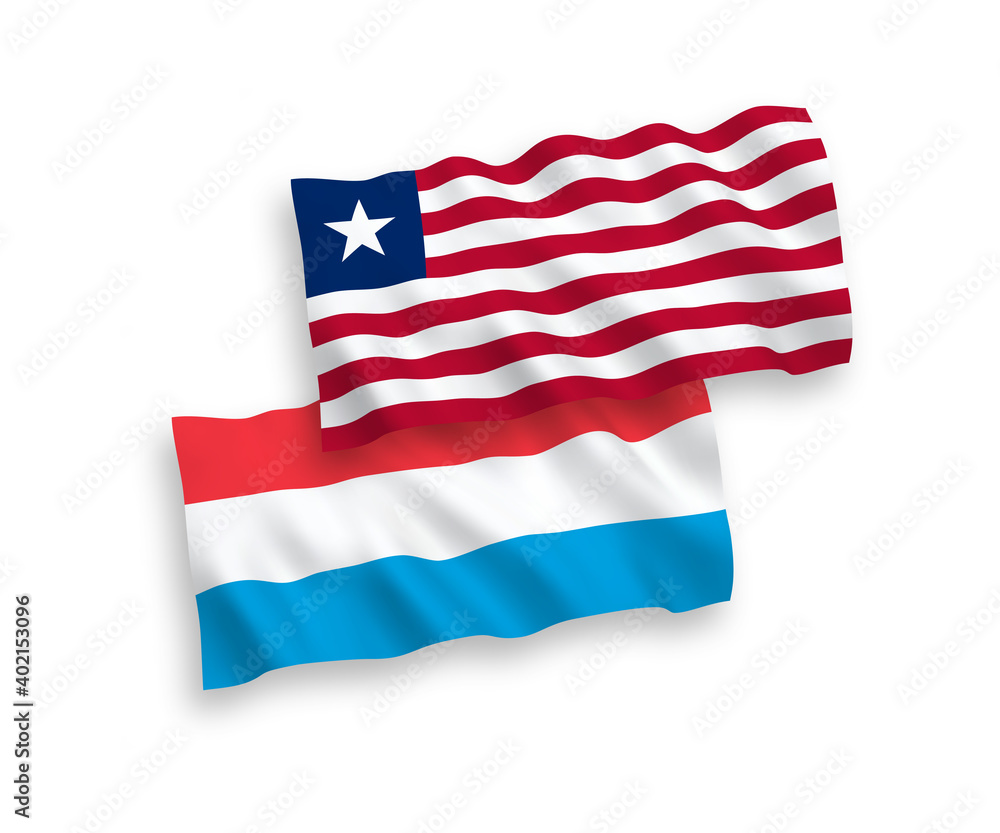 Obraz premium National vector fabric wave flags of Liberia and Luxembourg isolated on white background. 1 to 2 proportion.