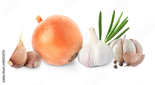 Mix of fresh garlic and onion on white background. Banner design