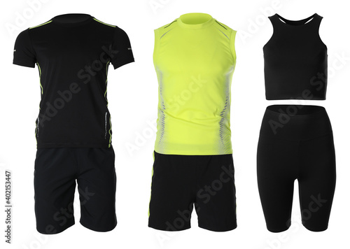 Quadro em tela Collection of stylish sportswear on white background