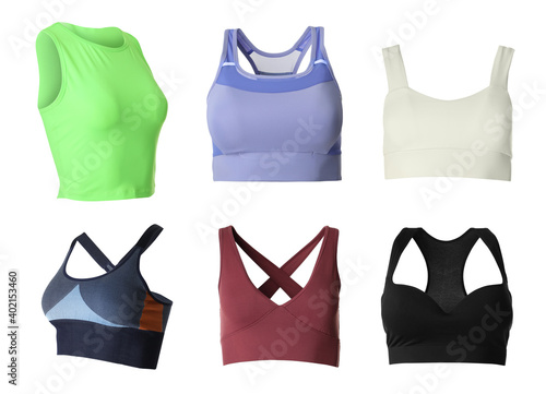 Collection of stylish sportswear on white background