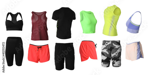 Collection of stylish sportswear on white background. Banner design