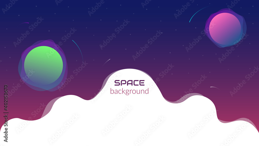 Vector abstract background. Concept, space, infinite universe. Dark background with fluid objects, stars and planets. Web banner design template with meta for text. Copyspace.