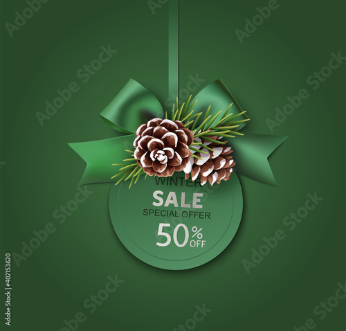 New Year winter and Christmas sale price tag design template. Decorative label with fir twigs , green bow and pine cone isolated on green background. Vector stock illustration.