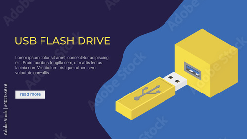 Vector isometric illustration, usb flash drive in minimalistic volumetric in the colors of the year 2021. Ultimate grays and illuminating. Design template for web banner, landing page. Copyspace.