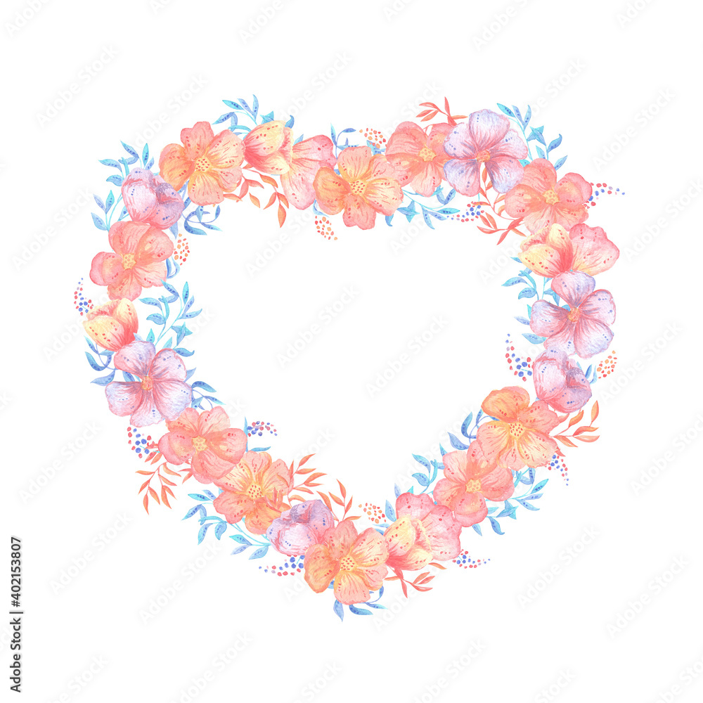 illustration of a watercolor frame in the shape of a heart from flowers and plants in pastel colors orange,turquoise,purple. for the holiday of saint valentine,birthday,mother's day.for postcards