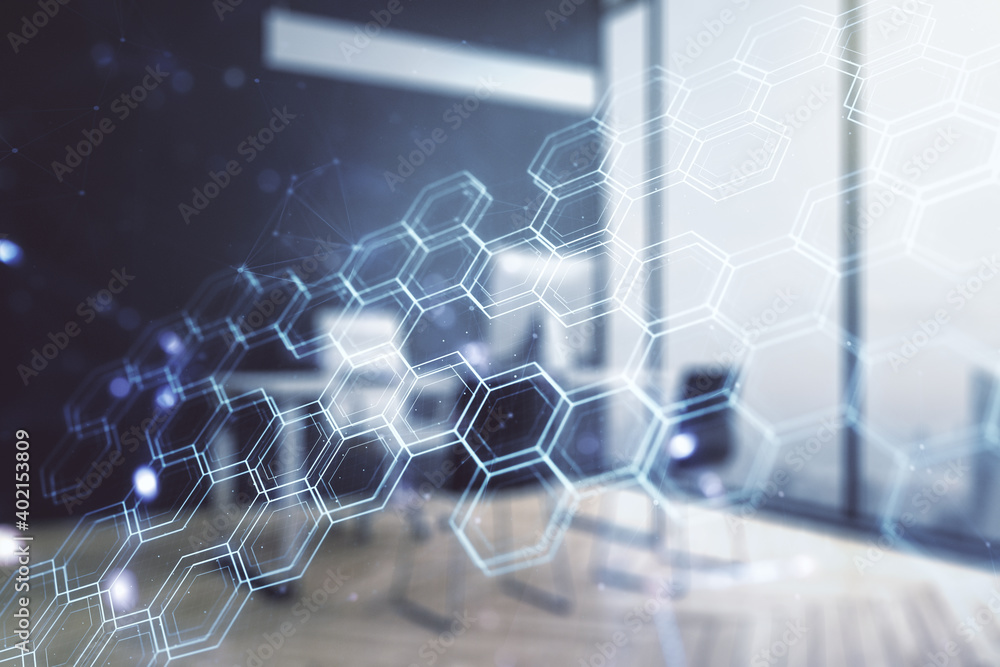 Naklejka premium Creative concept of wireless technology with hexagon hologram and modern desktop with computer on background. Big data and database concept. Multiexposure