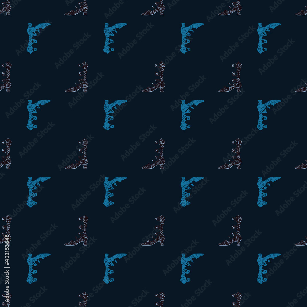 Dark seamless fashion pattern with blue and grey women boots silhouettes. Style accessory backdrop. Dark seamless fashion pattern with blue and grey women boots silhouettes. Style accessory backdrop.