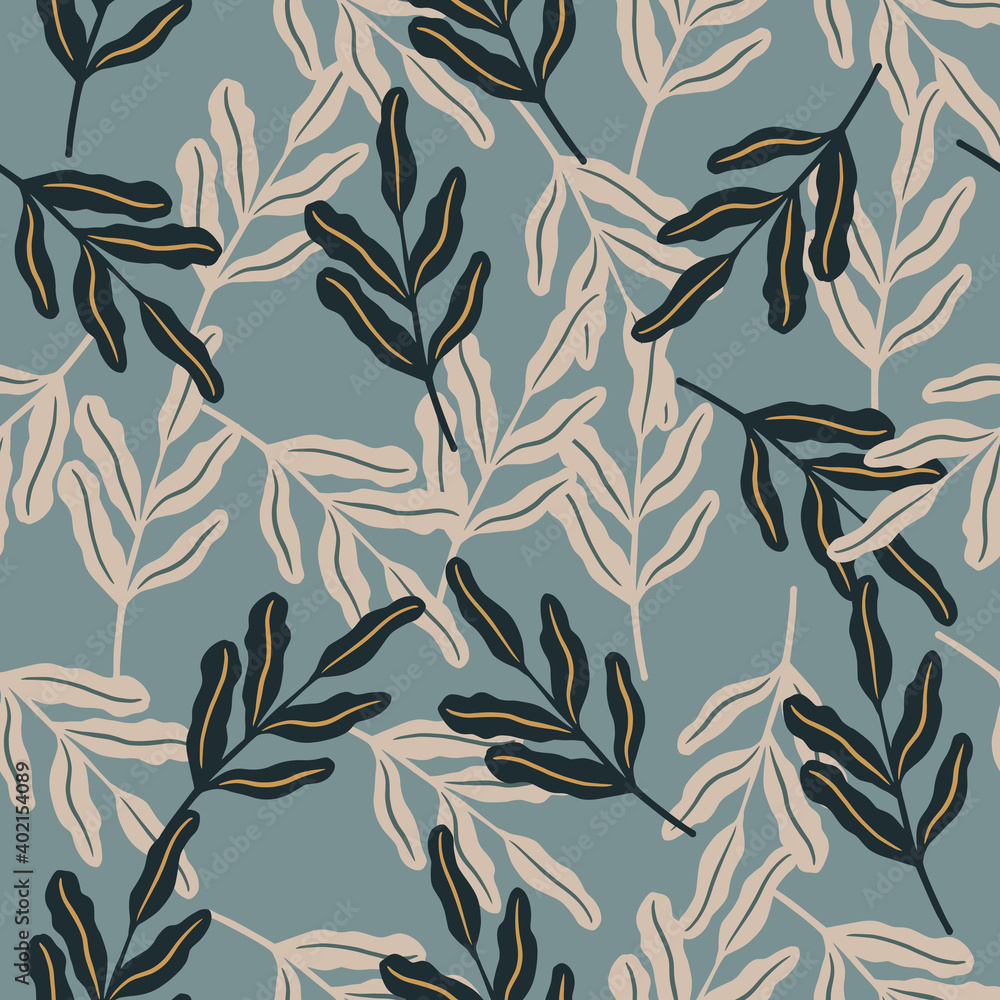Random seamless bpotanic vintage pattern with grey light and dark leaf branches silhouettes on blue background.