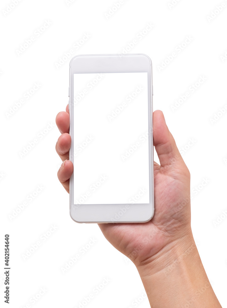 Hand holding a white smartphone with blank screen isolated on white background with clipping path Hand holding a white smartphone with blank screen isolated on white background with clipping path