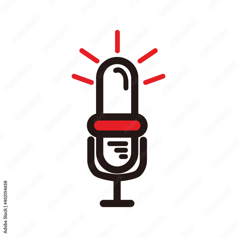 light bulb microphone for broadcast, podcast or music icon or logo - red and black illustrations isolated on white light bulb microphone for broadcast, podcast or music icon or logo - red and black illustrations isolated on white