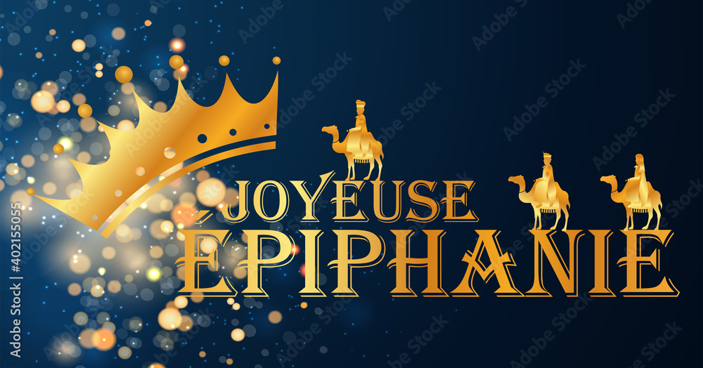 carte ou bandeau sur Joyeuse épiphanie en or avec une couronne et des chameaux en or sur un fond bleu foncé en dégradé avec des paillettes en effet bokeh